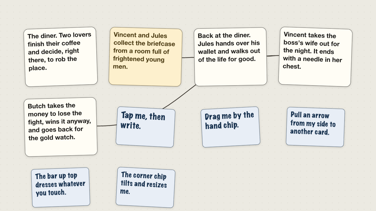 A Cardigani board: a dozen index cards laid out in a grid on blue-grey dotted paper, two of them joined by a drawn line, one tilted.
